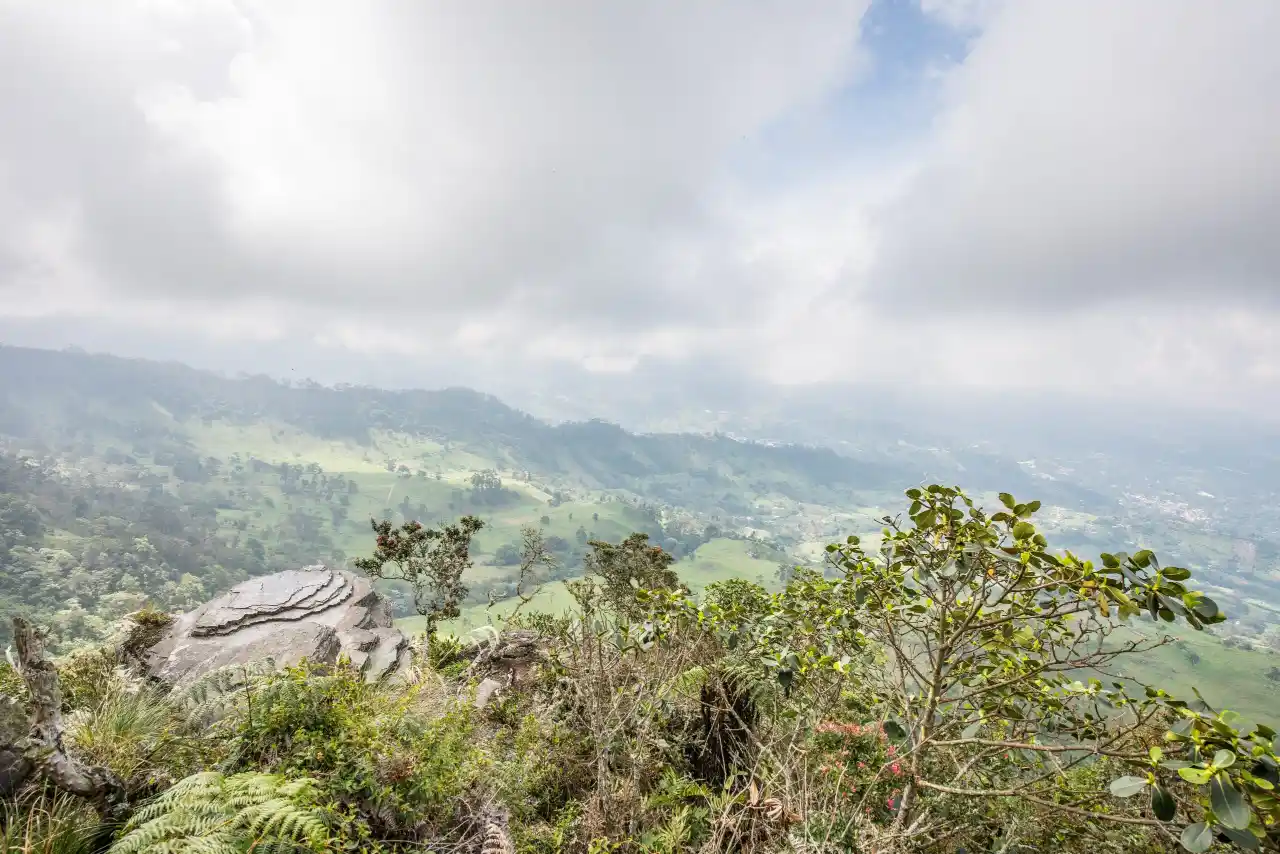 Expansive view of a lush, green landscape with hills, trees, and a partially cloudy sky, seen from a high vantage point among rocks and vegetation. One of the must-see sights during Bogotá city tours, offering a perfect escape amidst nature's beauty.