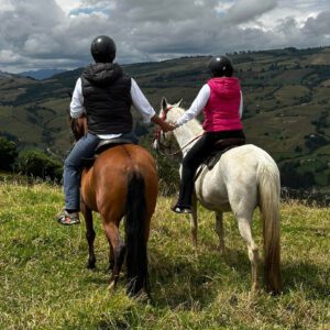 couple in love, holding hands while riding horses in colombia