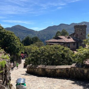 Cobblestone path with stone buildings amidst lush greenery, offering a picturesque view reminiscent of a Bogota day tour, leading to a tree-covered mountain landscape under a clear blue sky.