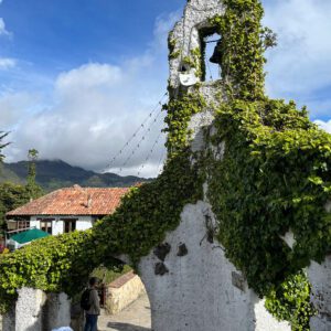 A white stone structure covered in green ivy stands against a blue sky, resembling scenes from a Bogota day tour. A few people stroll nearby, with majestic mountains in the background.