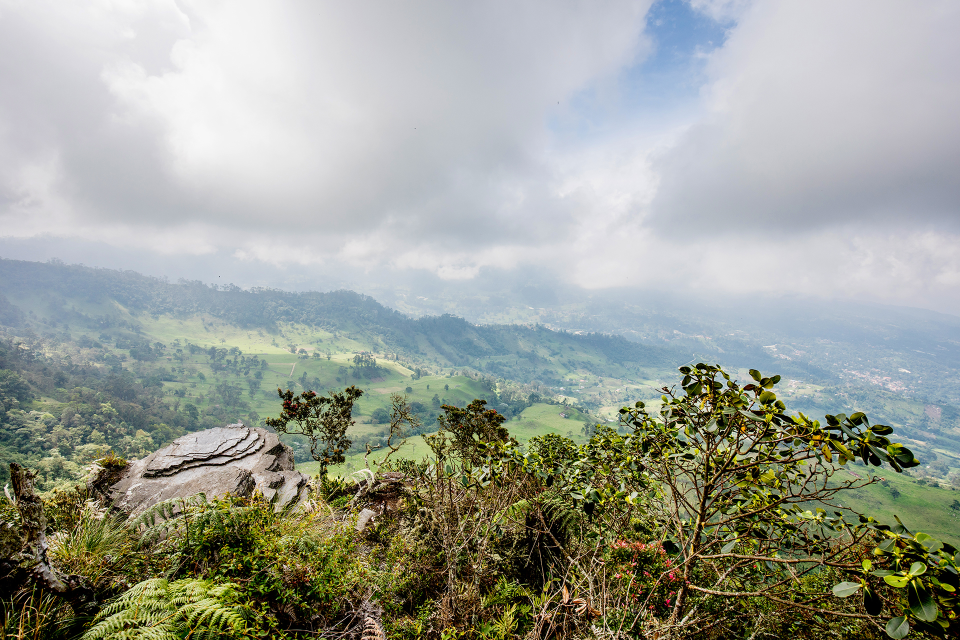 A view from a mountaintop shows a lush green valley below, surrounded by hills and partly covered by clouds. Sparse vegetation and rocks are in the foreground, capturing one of the many breathtaking sights you can experience on tours in Bogotá.
