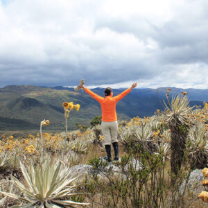 A person wearing an orange shirt and black pants stands on a rocky outcrop with arms raised, surrounded by vegetation and mountains under a cloudy sky—an ideal moment captured during one of the many tours in Bogotá.
